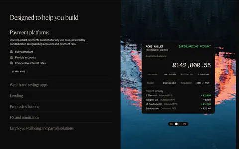 Griffin use cases section: serif heading with use-case accordion on the left, wallet UI card over a lake photo on the right