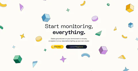 groundcover call-to-action section: centered headline with yellow and dark buttons surrounded by scattered isometric shapes on cream