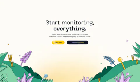 groundcover call-to-action section: centered headline and two buttons above an illustrated landscape of hills and plants on cream