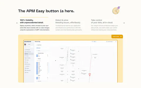 groundcover features section: headline over three feature columns with arrows above a network map screenshot in a yellow dotted panel