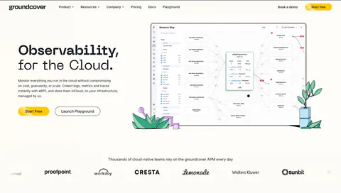 groundcover hero section: headline, copy and buttons on the left, network map screenshot with plant drawings on the right, logo row below