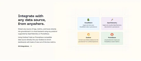 groundcover integrations section: headline, copy and link on the left beside a grid of pastel integration cards on a cream background