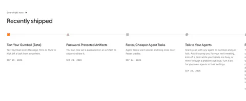 Gumloop blog & resources section: changelog timeline of dated release entries running off the right edge