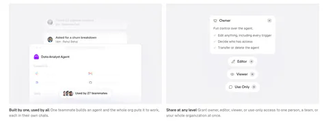 Gumloop features section: two gray cards with agent sharing and permission UI mockups above short captions