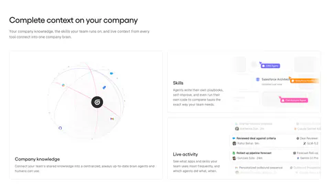 Gumloop features section: headline above a large knowledge globe card and two stacked UI cards for skills and activity