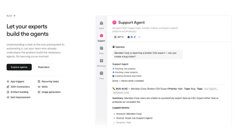 Gumloop features section: headline, buttons and capability list on the left, support agent chat UI on the right