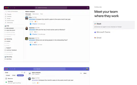 Gumloop features section: stacked Slack, Teams and Gmail screenshots on the left, headline and app tab list on the right