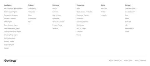Gumloop footer section: six link columns above a wordmark and copyright row on white