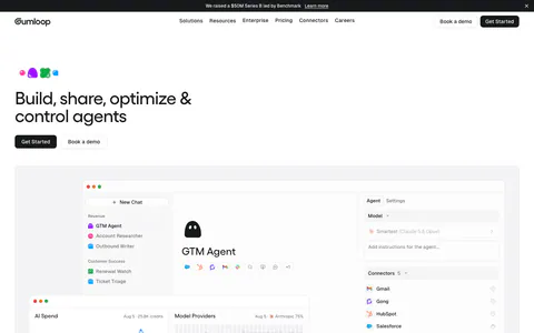 Gumloop hero section: left-aligned headline and buttons above an agent builder and AI spend dashboard screenshot