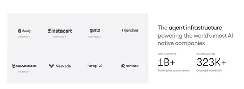 Gumloop logo cloud section: grid of customer logos with case study links beside a headline and two large stats