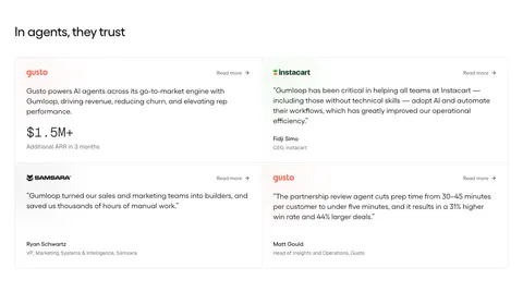 Gumloop testimonials section: heading above a 2x2 grid of customer quote cards with brand logos on white