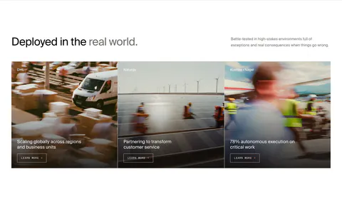 HappyRobot features section: headline with side note above three customer story cards (DHL, Naturgy, Kuehne+Nagel) on motion-blurred photos