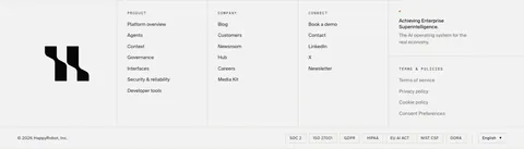 HappyRobot footer section: large black logo mark, three link columns, tagline and policy links, compliance badge row and copyright on light gray