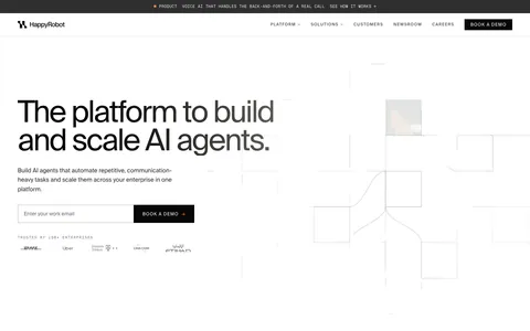 HappyRobot hero section: announcement bar and nav over a left headline with email field and logo row, line-drawn grid of boxes on the right