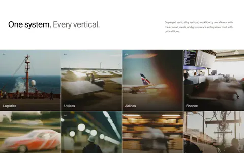 HappyRobot use cases section: headline with side note above a 4x2 grid of numbered industry tiles on blurred photos, Logistics to Telecom