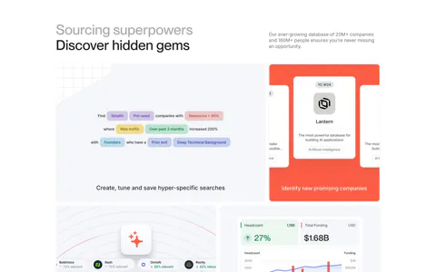 Harmonic features section: two-tone headline above a four-tile bento grid with search chips, company cards and growth charts