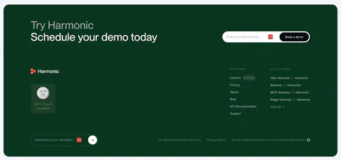 Harmonic footer section: dark green panel with demo email signup over a grid texture, logo, SOC 2 badge, link columns and newsletter field