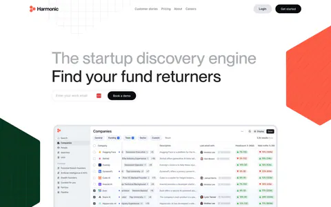 Harmonic hero section: two-tone headline with email field above a companies table screenshot, flanked by red and green hexagons