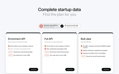 Harmonic pricing section: centered headline and segmented toggle above three white plan cards with checklists and black buttons