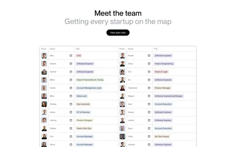 Harmonic team section: centered heading above a two-column table of team member photos, names and role tags with stats below
