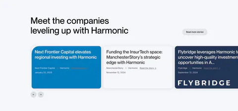 Harmonic testimonials section: left-aligned headline above a carousel of customer story cards in blue, white and navy with arrows
