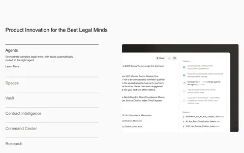 Harvey features section: product list accordion on the left beside an agent workflow screenshot on a light gray background