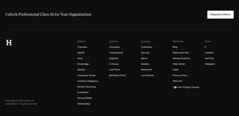 Harvey footer section: dark band with serif closing line and demo button above an H logo and five link columns