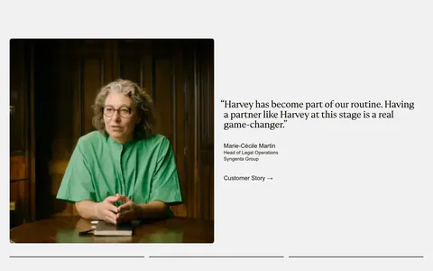 Harvey testimonials section: photo of a customer at a table beside a serif quote with name and customer story link