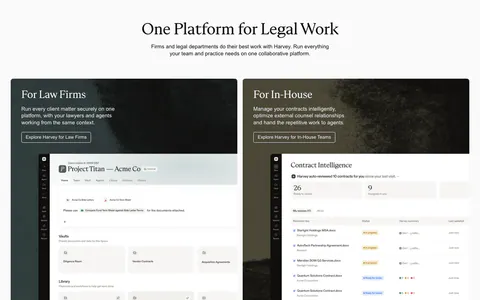 Harvey use cases section: centered serif headline above two dark textured cards for law firms and in-house teams with product UI