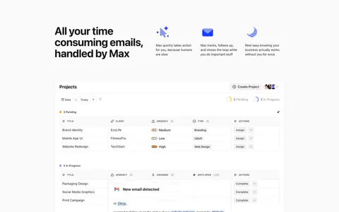 Headroom features section: headline beside three icon benefits above a projects table screenshot overlaid with an email card