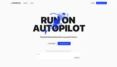 Headroom hero section: huge black uppercase headline over a blue line-art runner, two buttons and a prompt text box below