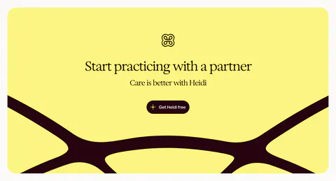 Heidi call to action section: yellow rounded panel with logo, centered serif headline and button over a large dark curved logo shape