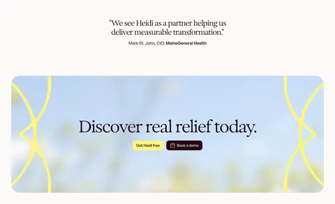 Heidi call to action section: short serif customer quote above a rounded panel with blurred sky photo, serif headline and two buttons