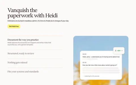 Heidi features section: serif headline and accordion feature list on the left, live transcript card over a blurred sky photo on the right