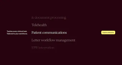 Heidi features section: dark plum background with a scrolling serif list of clinical tasks and a yellow Explore enterprise button