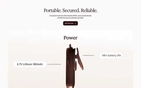 Heidi features section: centered serif headline above a rendered side view of the clip-on mic with battery spec callouts