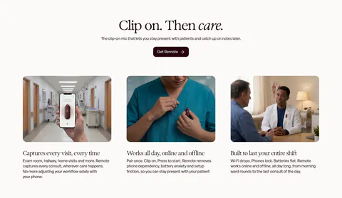 Heidi features section: centered serif headline and button above three photo cards of the clip-on mic in clinical settings