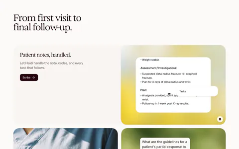 Heidi features section: serif headline over rounded cards pairing text with a clinical notes UI, a clip-on mic photo and a chat answer