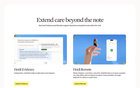 Heidi features section: centered serif headline above two product cards, an Evidence answer UI and a hand holding the Remote mic