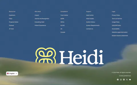 Heidi footer section: five link columns on a blue sky and hills backdrop with a large yellow logo and white Heidi wordmark