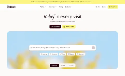 Heidi hero section: centered serif headline with two buttons above a search prompt box and mode tabs on a blurred flower photo