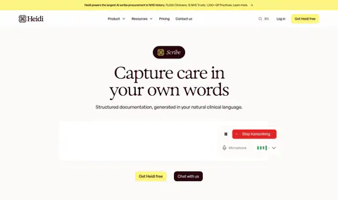 Heidi hero section: Scribe badge and centered serif headline above a transcription box with a Stop transcribing control