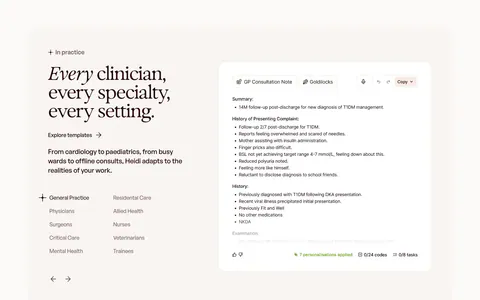 Heidi use cases section: serif headline with a specialty list and arrows on the left, GP consultation note UI on the right