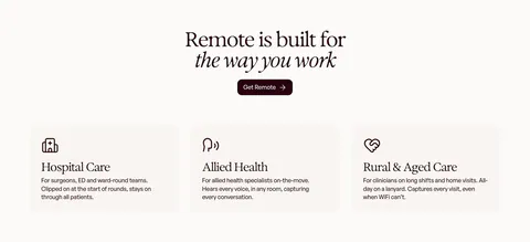 Heidi use cases section: centered serif headline and Get Remote button above three cream cards for hospital, allied and rural care