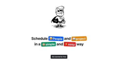 Hellotime call-to-action section: hand-drawn superhero character above a centered headline with colored emoji pills and a button