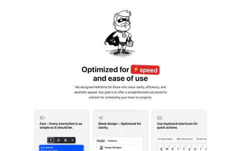 Hellotime features section: superhero drawing and centered headline above three gray cards with scheduling UI and keyboard mockups
