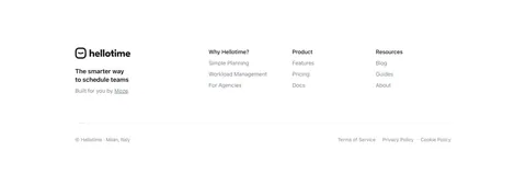 Hellotime footer section: logo and tagline on the left, three link columns on the right, copyright and legal links below on white