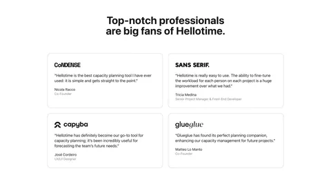 Hellotime testimonials section: centered heading above a two-by-two grid of outlined quote cards with company logos and names