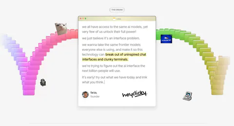 heyclicky about & mission section: founder note in a mac notes window with signature, framed by a rainbow arc of 3D folders