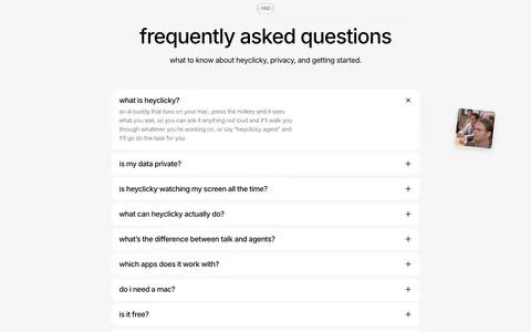 heyclicky FAQ section: centered headline over a single-column accordion of white question rows, first one expanded, on light gray